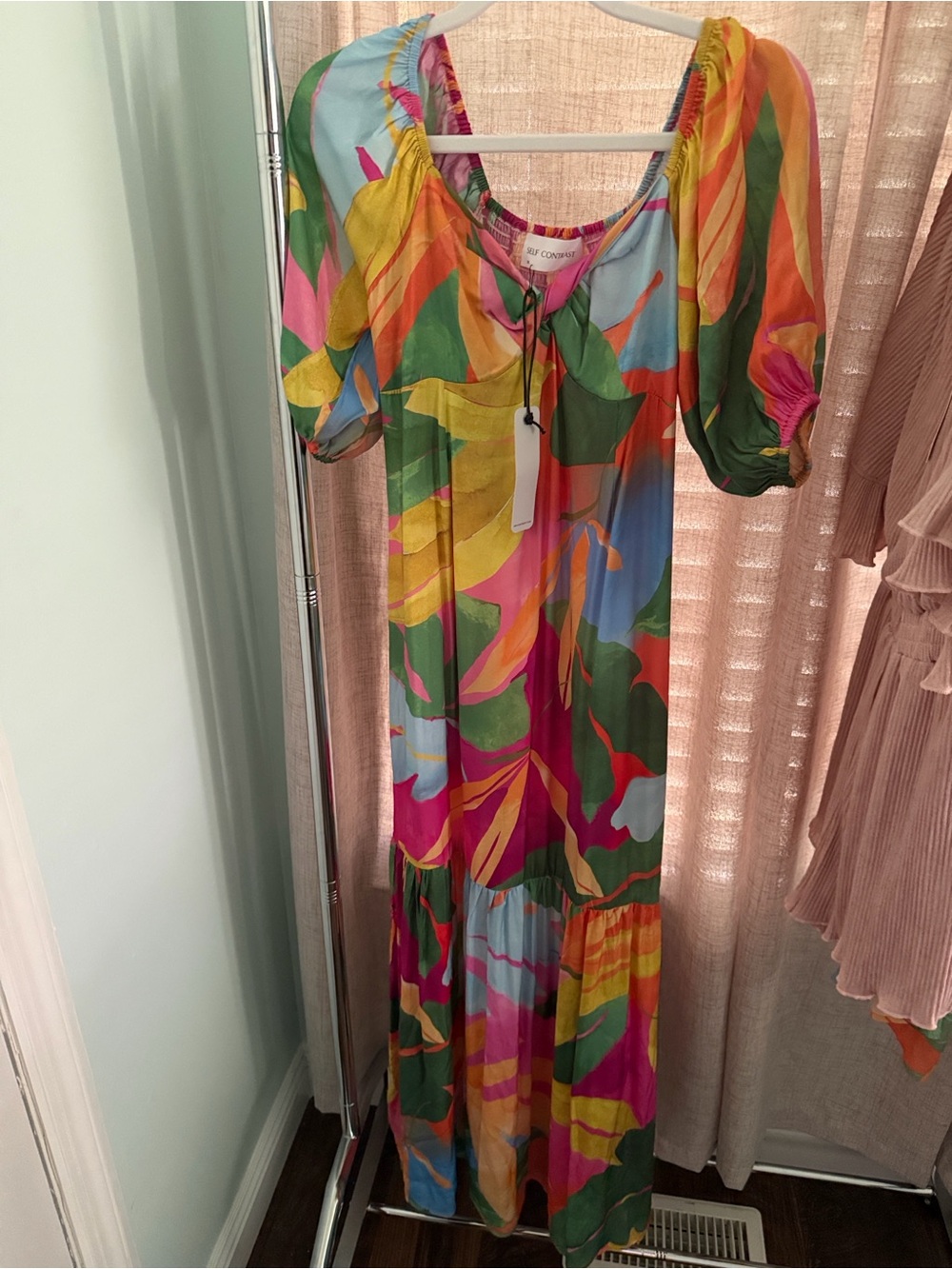 Tropical Leaf Print Puff-Sleeve Maxi Dress - Multicolor